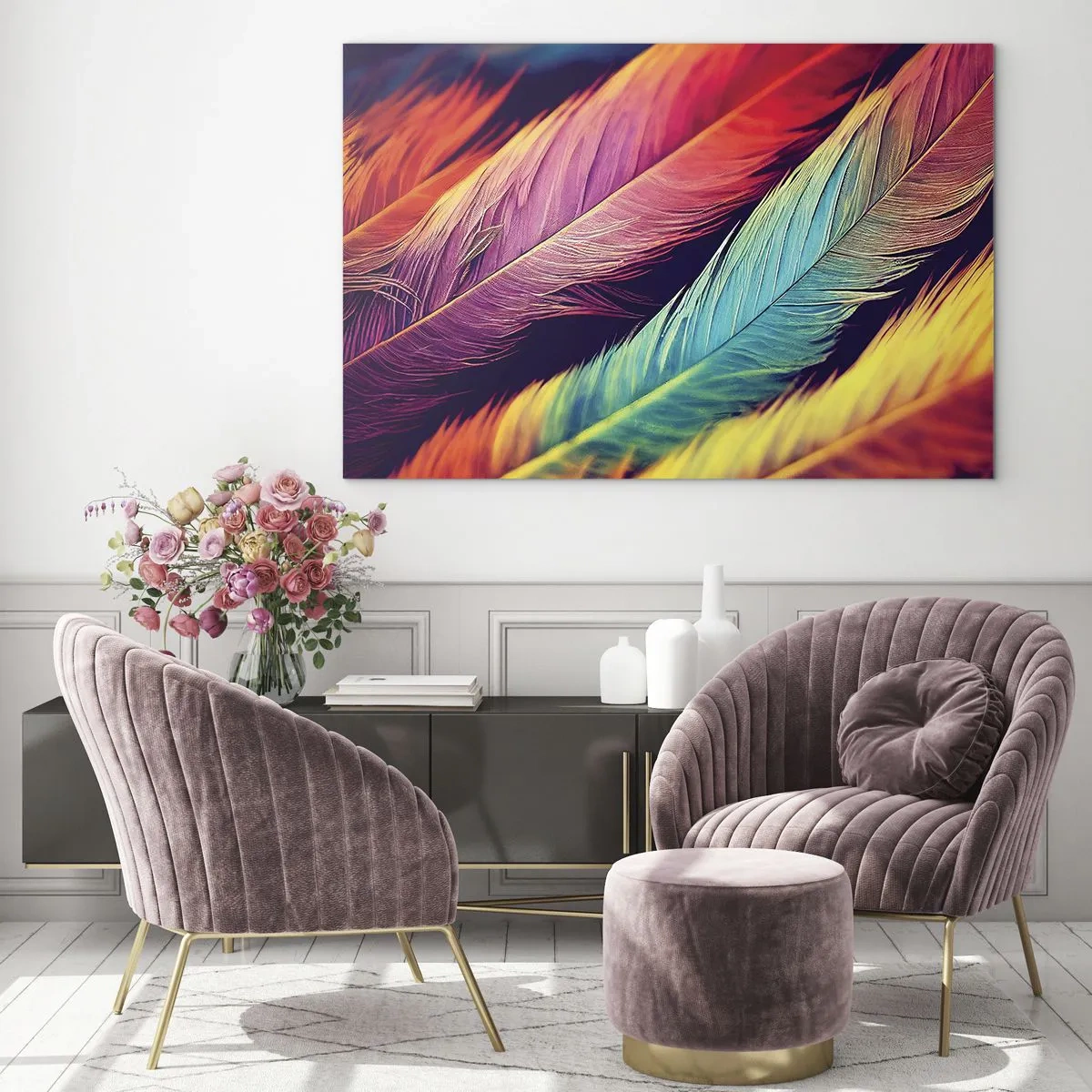 Quadro su vetro - Piume colorate in intense tonalità arcobaleno - 70x50cm - Arcobaleno piumato - Decorazione murale moderna per soggiorno e camera da letto ARTTOR