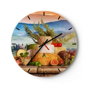 Orologio da parete - Orologio in Vetro - Tagliere di formaggi con contorni su sfondo paesaggistico - 30x30cm - La gioia italiana della vita - Decorazione murale moderna per soggiorno, cucina e camera da letto ARTTOR