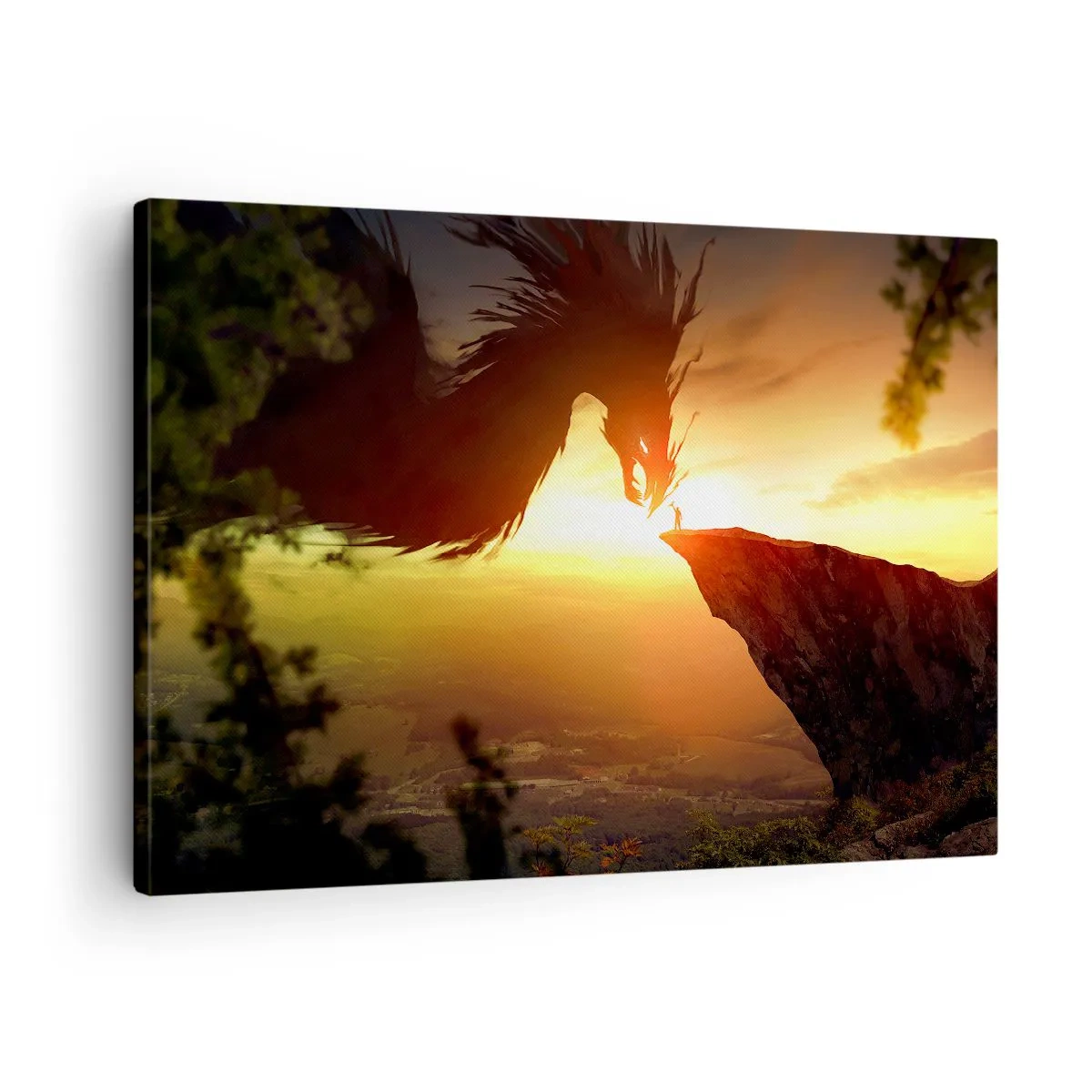 Quadro su tela - Stampe su Tela - Un drago e un uomo su una roccia al chiarore del sole al tramonto - 70x50cm - Il cacciatore di draghi - Decorazione murale moderna per soggiorno e camera da letto ARTTOR