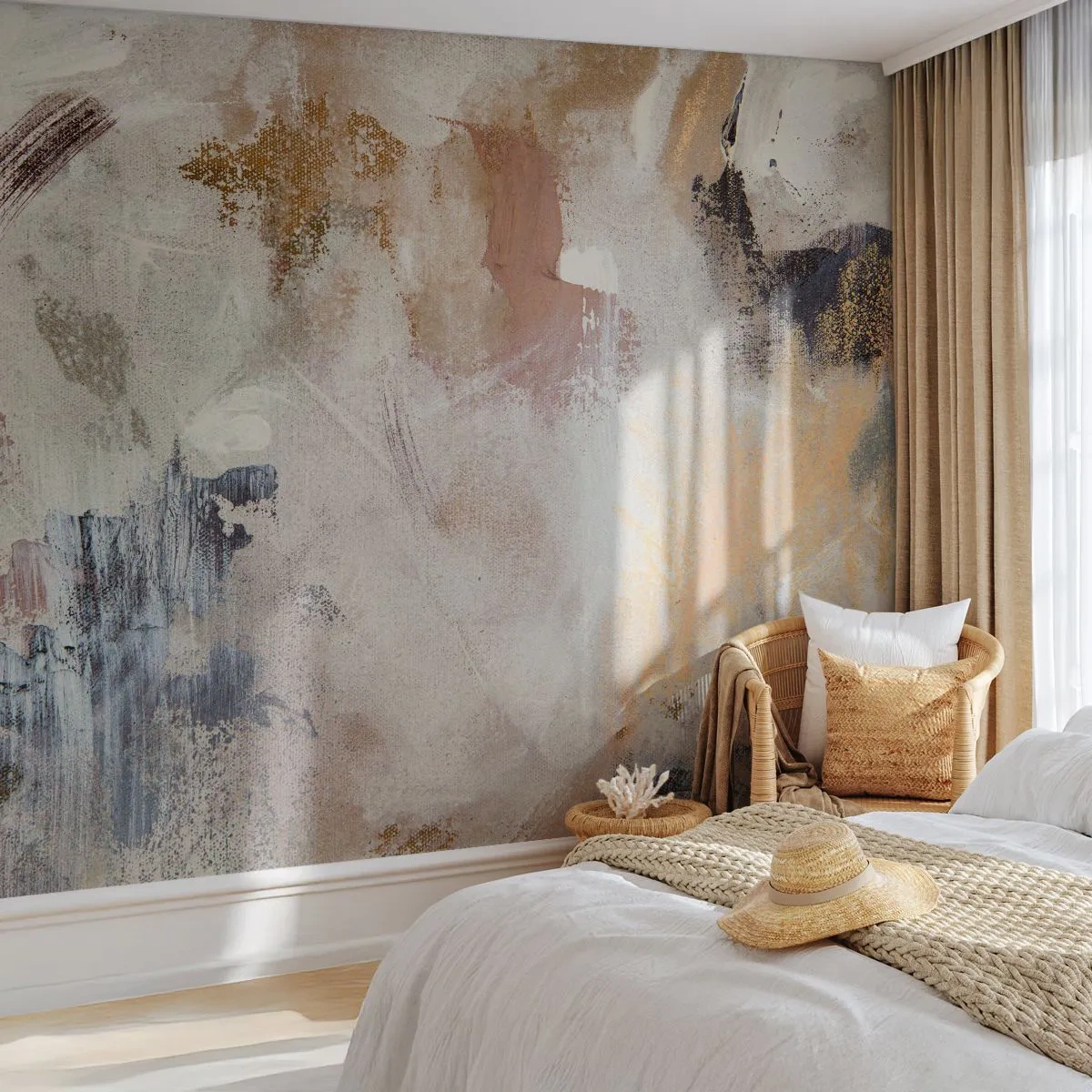 Fotomurali Standard Eco - Un'astrazione nebbiosa nei toni del beige, marrone e blu - 100x70cm - Astrazione annebbiata - Decorazione murale moderna per soggiorno e camera da letto ARTTOR