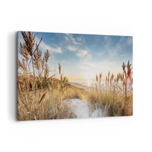 Quadro su tela - Stampe su Tela - Una spiaggia pittoresca con erba e il sole al tramonto - 100x70cm - Spiaggia del nord - Decorazione murale moderna per soggiorno e camera da letto ARTTOR