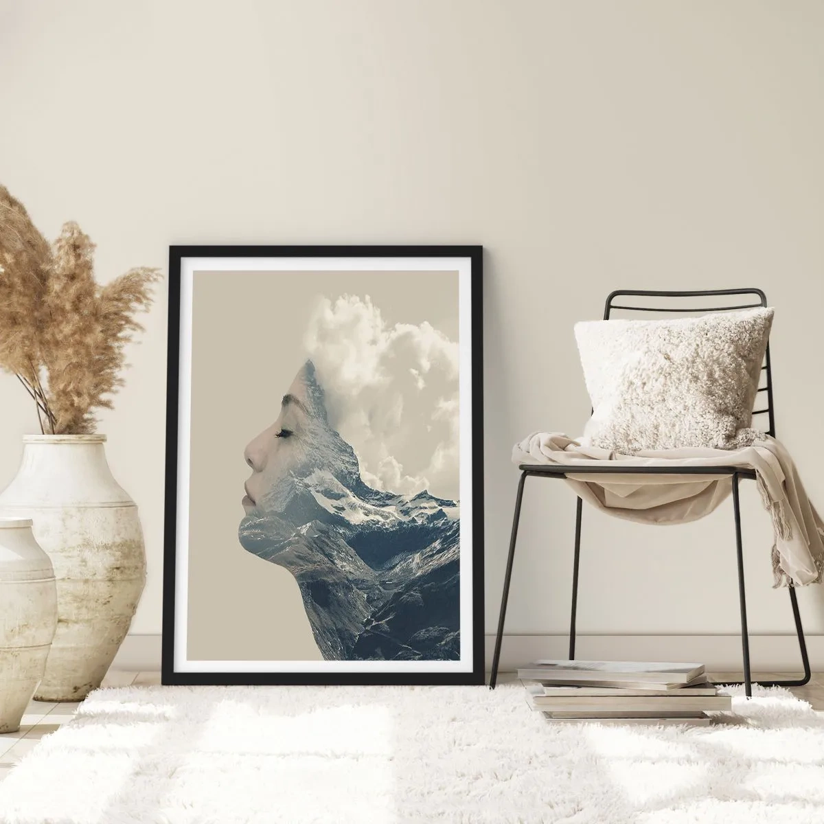 Poster in cornice nera - Il profilo di una donna che si fonde con un paesaggio montano - 50x70cm - La bellezza degli elementi - Decorazione murale moderna per soggiorno e camera da letto ARTTOR