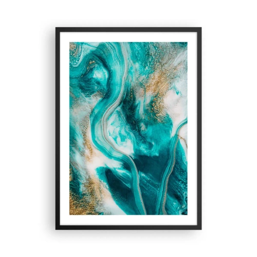 Poster in cornice nera - Una composizione astratta nei toni del turchese e dell'oro. - 50x70cm - Il fiume d'oro - Decorazione murale moderna per soggiorno e camera da letto ARTTOR