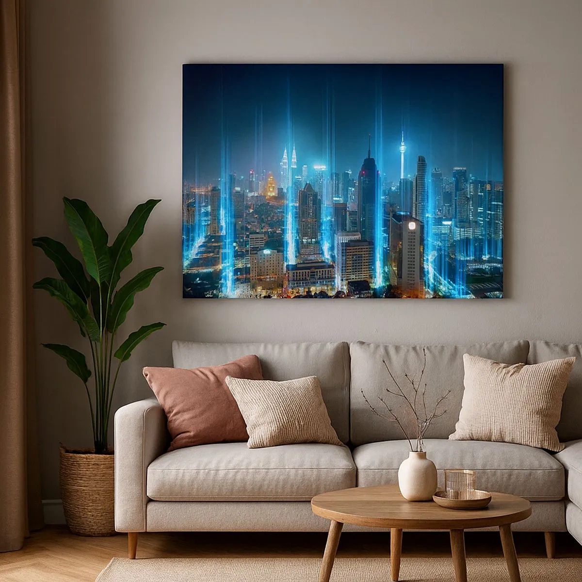 Quadro su tela - Stampe su Tela - Una città moderna di notte con accenti di illuminazione futuristici. - 70x50cm - Da Berlino al cielo - Decorazione murale moderna per soggiorno e camera da letto ARTTOR