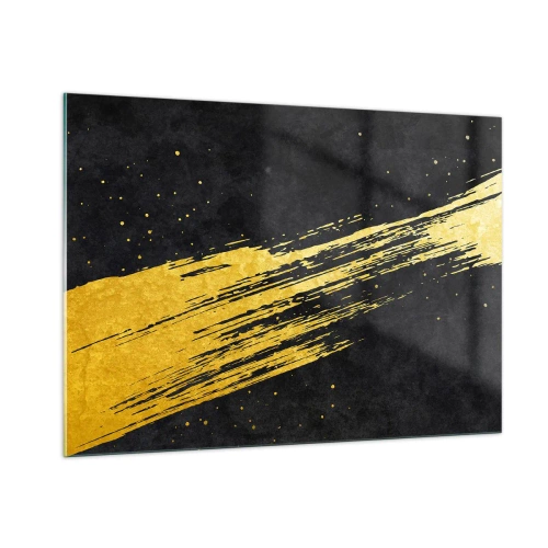 Quadro su vetro - Un pennello dorato su uno sfondo nero in una forma dinamica e astratta - 100x70cm - Salto nell'iperspazio - Decorazione murale moderna per soggiorno e camera da letto ARTTOR