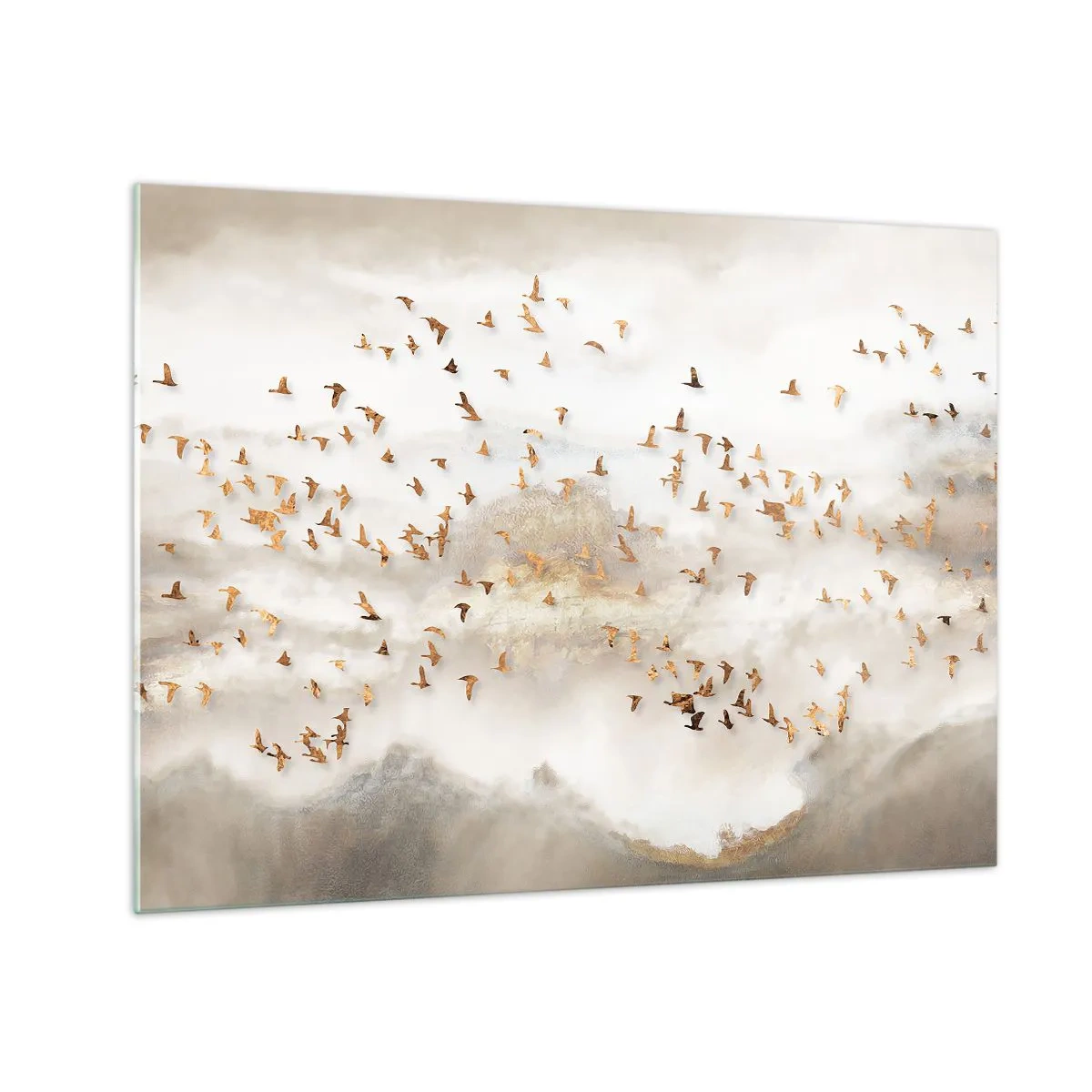 Quadro su vetro - Uno stormo di uccelli che sorvola un paesaggio nebbioso - 70x50cm - È giunto il momento... - Decorazione murale moderna per soggiorno e camera da letto ARTTOR