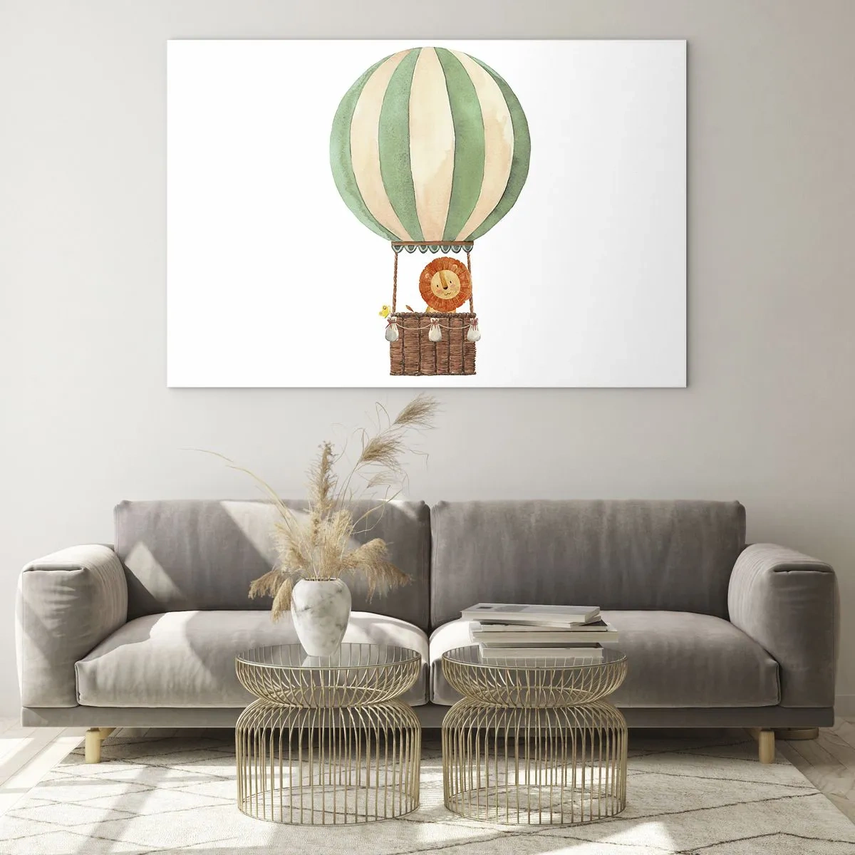 Quadro su vetro - Un leone in un cesto di palloncini che galleggia su uno sfondo bianco - 100x70cm - I viaggi del leone - Decorazione murale moderna per soggiorno e camera da letto ARTTOR