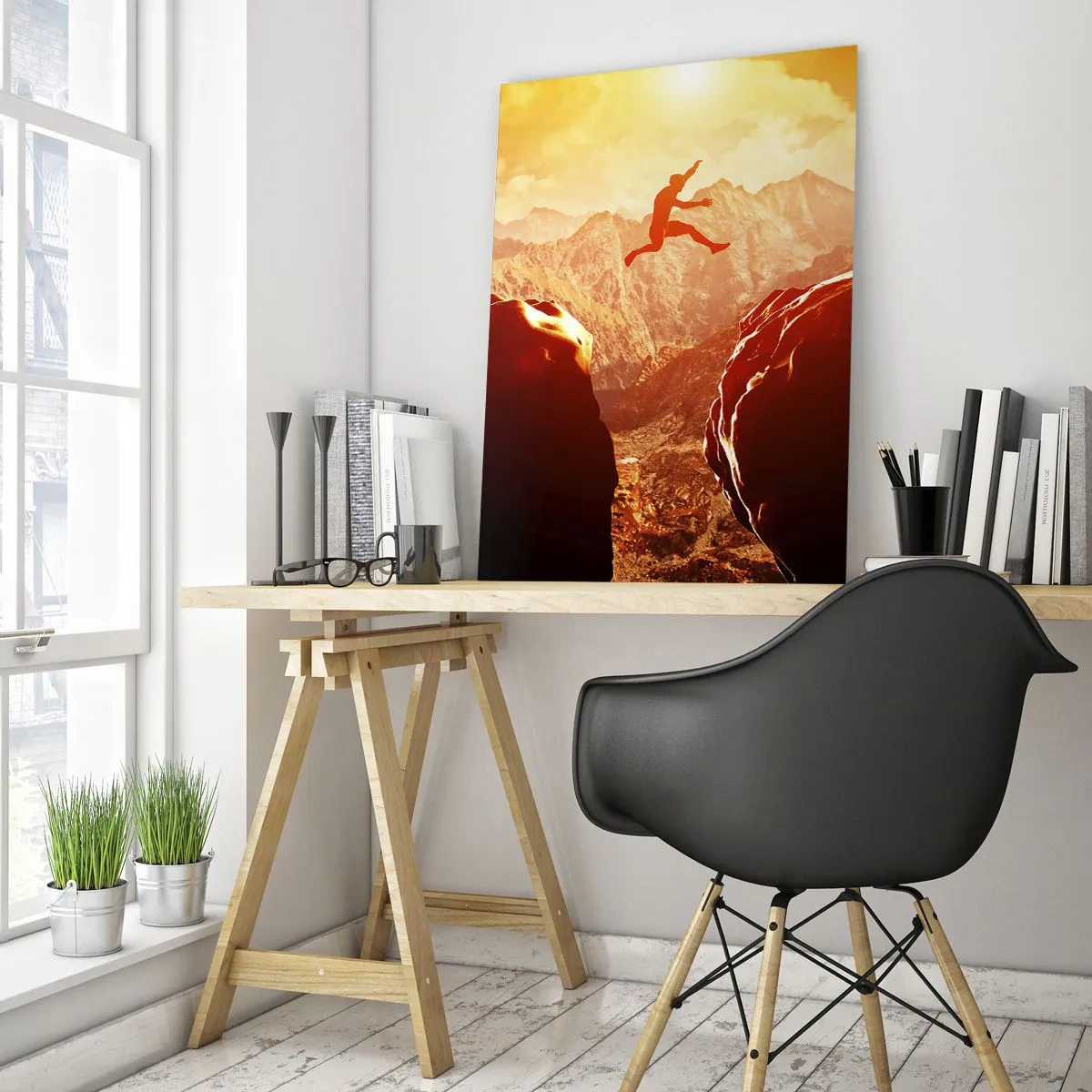 Quadro su vetro - Saltare un abisso in un paesaggio montano al tramonto - 50x70cm - Superare i confini - Decorazione murale moderna per soggiorno e camera da letto ARTTOR