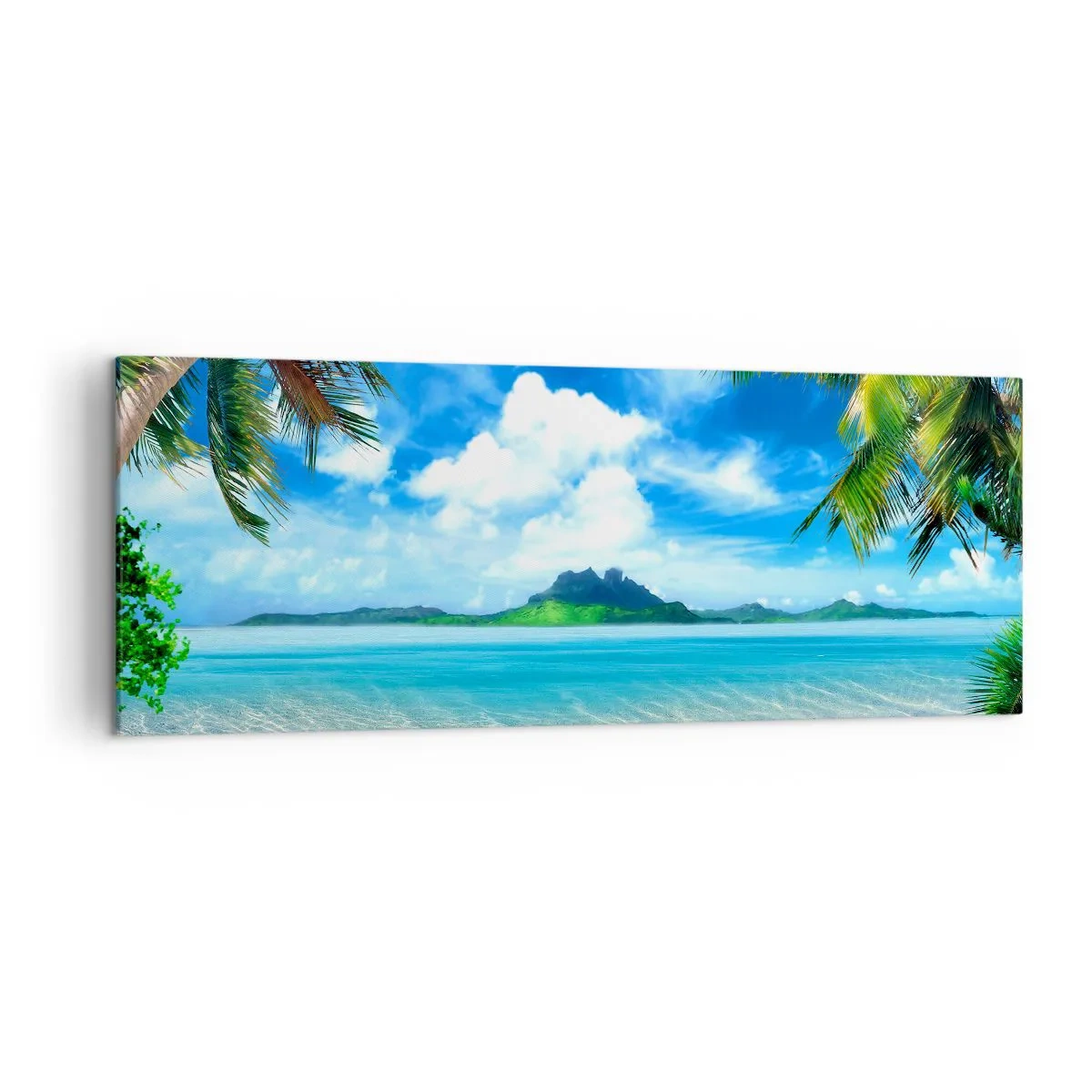 Quadro su tela - Stampe su Tela - Spiaggia tropicale con palme e vista sull'isola - 140x50cm - L'azzurro dei tropici - Decorazione murale moderna per soggiorno e camera da letto ARTTOR
