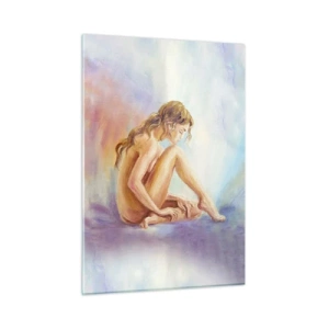 Quadro su vetro - Una donna in un sottile riflesso su uno sfondo di colori pastello - 50x70cm - Nudo di giovane - Decorazione murale moderna per soggiorno e camera da letto ARTTOR