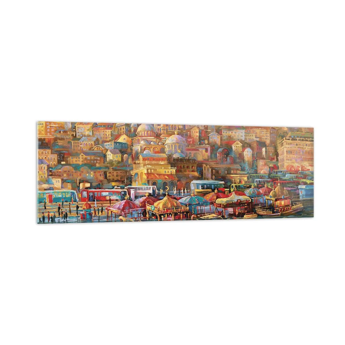 Quadro su vetro - Panorama pittoresco di Istanbul con vista sulla baia e sulla città - 160x50cm - Racconto da Istanbul - Decorazione murale moderna per soggiorno e camera da letto ARTTOR