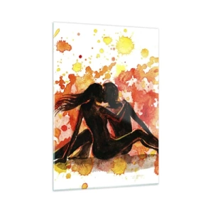 Quadro su vetro - Silhouette di una coppia su uno sfondo di macchie colorate ad acquerello - 50x70cm - E la luce fu - Decorazione murale moderna per soggiorno e camera da letto ARTTOR