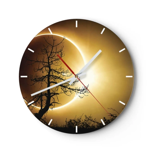 Orologio da parete - Orologio in Vetro - Eclissi solare con la sagoma di un albero e il cielo dorato sullo sfondo - 30x30cm - Eclissi totale - Decorazione murale moderna per soggiorno, cucina e camera da letto ARTTOR