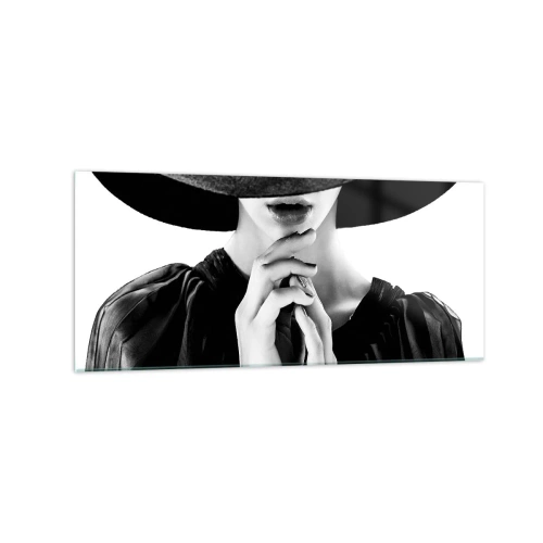 Quadro su vetro - Donna elegante con un grande cappello nei toni del bianco e del nero - 120x50cm - Bellezza celata - Decorazione murale moderna per soggiorno e camera da letto ARTTOR