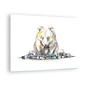 Quadro su vetro - Un orso che osserva la città in una composizione artistica - 70x50cm - Come si può vivere così? - Decorazione murale moderna per soggiorno e camera da letto ARTTOR