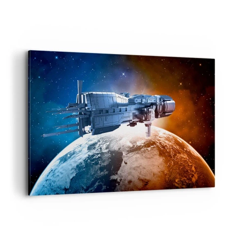 Quadro su tela - Stampe su Tela - Un'astronave sullo sfondo di un pianeta nello spazio - 100x70cm - Un attento osservatore - Decorazione murale moderna per soggiorno e camera da letto ARTTOR