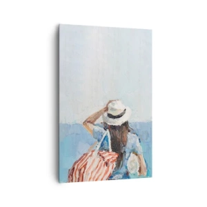 Quadro su tela - Stampe su Tela - Una donna con un cappello contro il mare blu - 80x120cm - Benvenuti in vacanza - Decorazione murale moderna per soggiorno e camera da letto ARTTOR