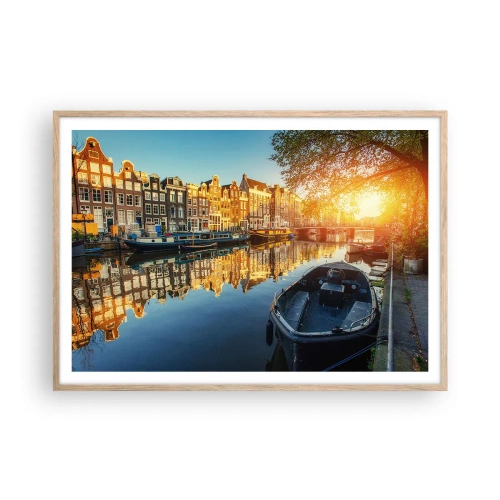 Poster in cornice rovere chiaro - L'alba ad Amsterdam - 100x70 cm