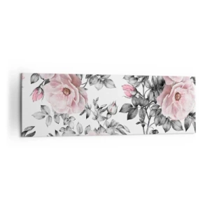 Quadro su tela - Stampe su Tela - Rose rosa e foglie su un delicato sfondo bianco e nero - 160x50cm - Perdersi tra le rose - Decorazione murale moderna per soggiorno e camera da letto ARTTOR