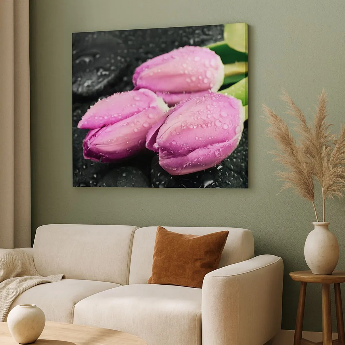 Quadro su tela - Stampe su Tela - Tre tulipani rosa con gocce d'acqua su sfondo nero - 70x50cm - Una terna lilla su pietra nera - Decorazione murale moderna per soggiorno e camera da letto ARTTOR