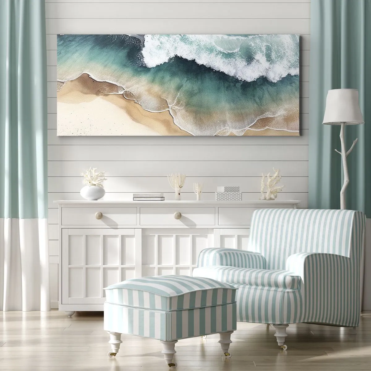 Quadro su tela - Stampe su Tela - Vista della spiaggia e delle onde del mare nelle tonalità del turchese - 120x50cm - L'eterno incontro - Decorazione murale moderna per soggiorno e camera da letto ARTTOR