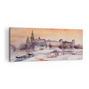 Quadro su tela - Stampe su Tela - Tramonto sul castello in uno scenario invernale - 120x50cm - Tramonto reale - Decorazione murale moderna per soggiorno e camera da letto ARTTOR