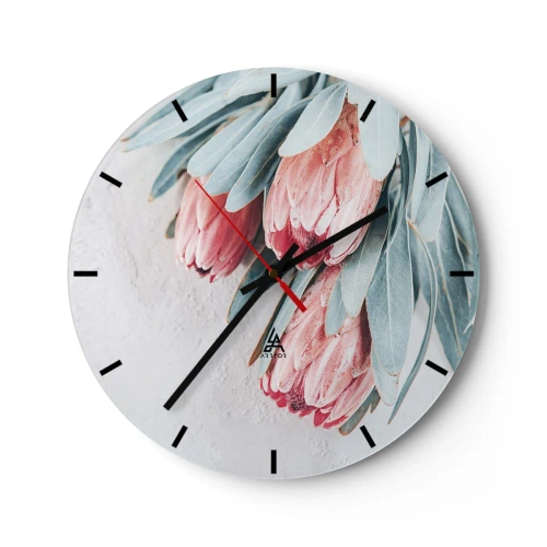 Orologio da parete - Orologio in Vetro - Fiori di protea con foglie blu pallido su uno sfondo chiaro - 30x30cm - Imbarazzati per la propria bellezza - Decorazione murale moderna per soggiorno, cucina e camera da letto ARTTOR