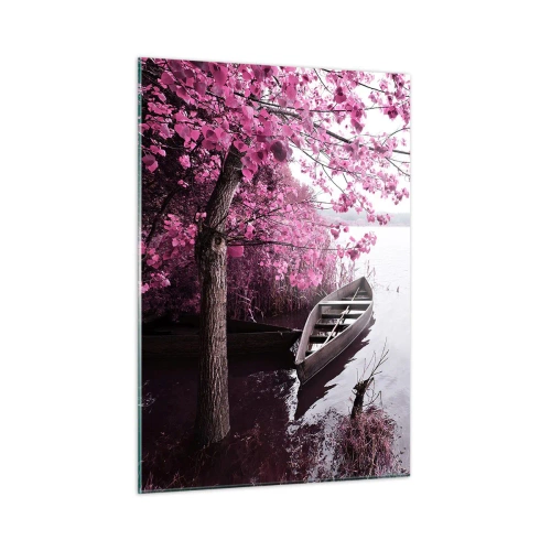 Quadro su vetro - Una barca sulla riva con un albero rosa sull'acqua - 50x70cm - Nel silenzio rosa - Decorazione murale moderna per soggiorno e camera da letto ARTTOR