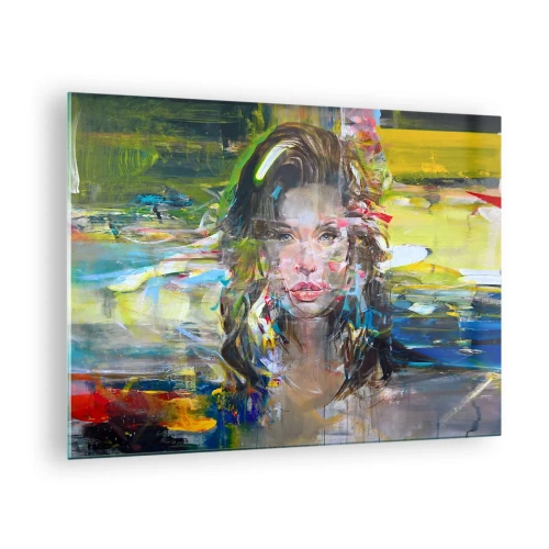 Quadro su vetro - Ritratto astratto di una donna con uno sfondo dinamico - 70x50cm - Dietro una tenda di vento - Decorazione murale moderna per soggiorno e camera da letto ARTTOR