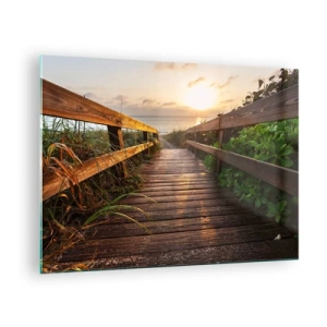 Quadro su vetro - Passerella in legno che conduce alla spiaggia al tramonto - 70x50cm - Dritto verso la riva - Decorazione murale moderna per soggiorno e camera da letto ARTTOR