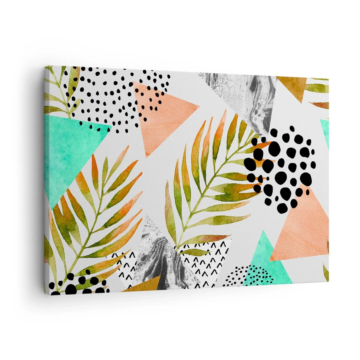 Quadro su tela - Stampe su Tela - Motivo tropicale con foglie e forme geometriche - 70x50cm - Decorazione con foglie di palma - Decorazione murale moderna per soggiorno e camera da letto ARTTOR
