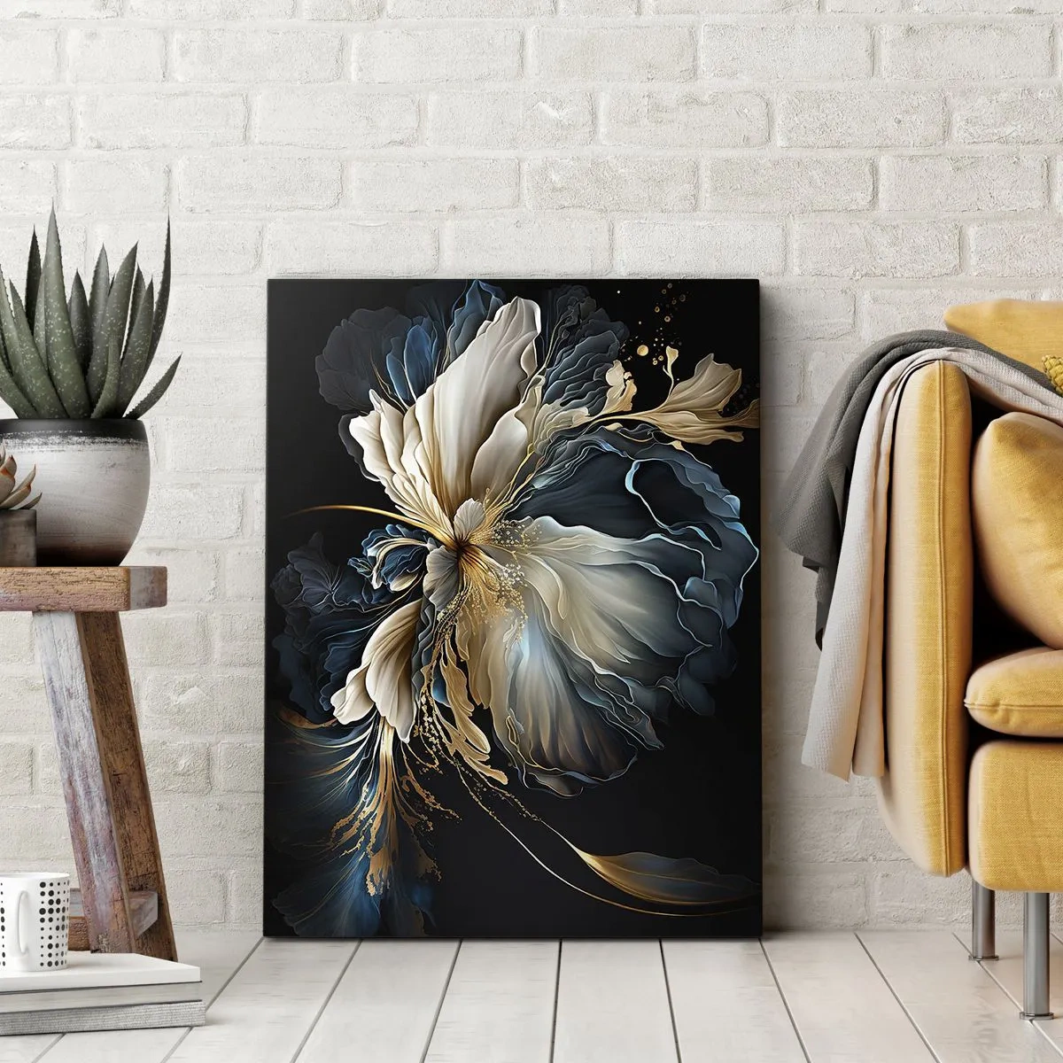 Quadro su tela - Stampe su Tela - Un fiore nei toni dell'oro e del blu navy su uno sfondo nero - 70x100cm - Fantastico fiore di felce - Decorazione murale moderna per soggiorno e camera da letto ARTTOR