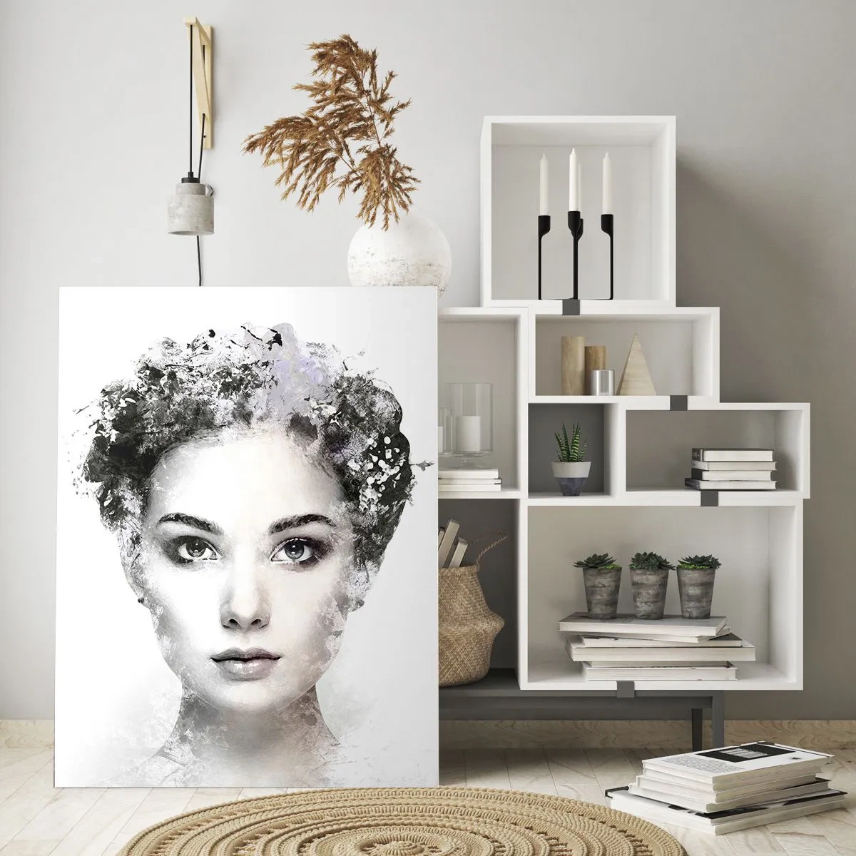 Quadro su vetro - Volto di donna in stile acquerello su sfondo bianco - 50x70cm - Ritratto estremamente alla moda - Decorazione murale moderna per soggiorno e camera da letto ARTTOR