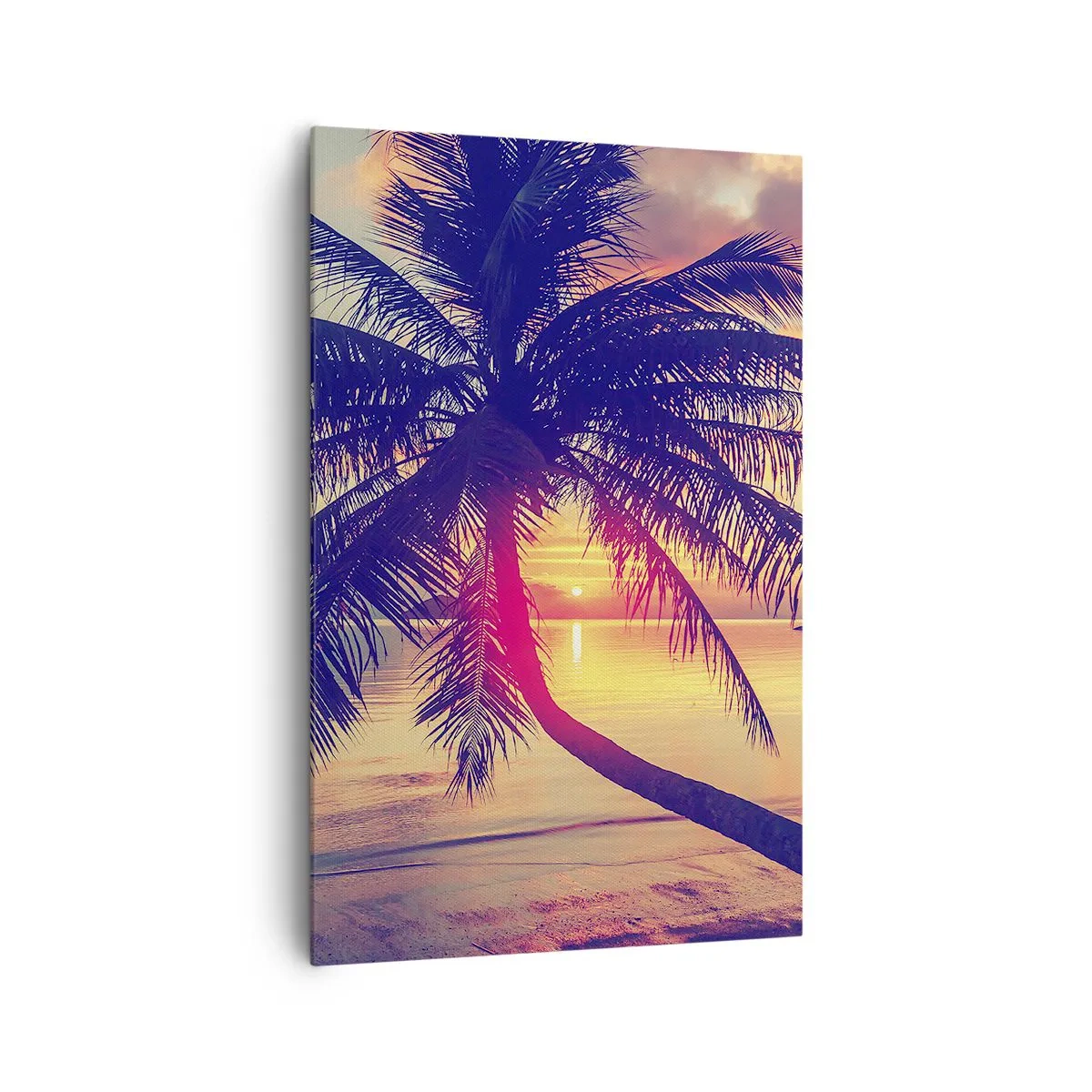 Quadro su tela - Stampe su Tela - Tramonto con una palma su una riva tranquilla - 80x120cm - Sera sotto le palme - Decorazione murale moderna per soggiorno e camera da letto ARTTOR