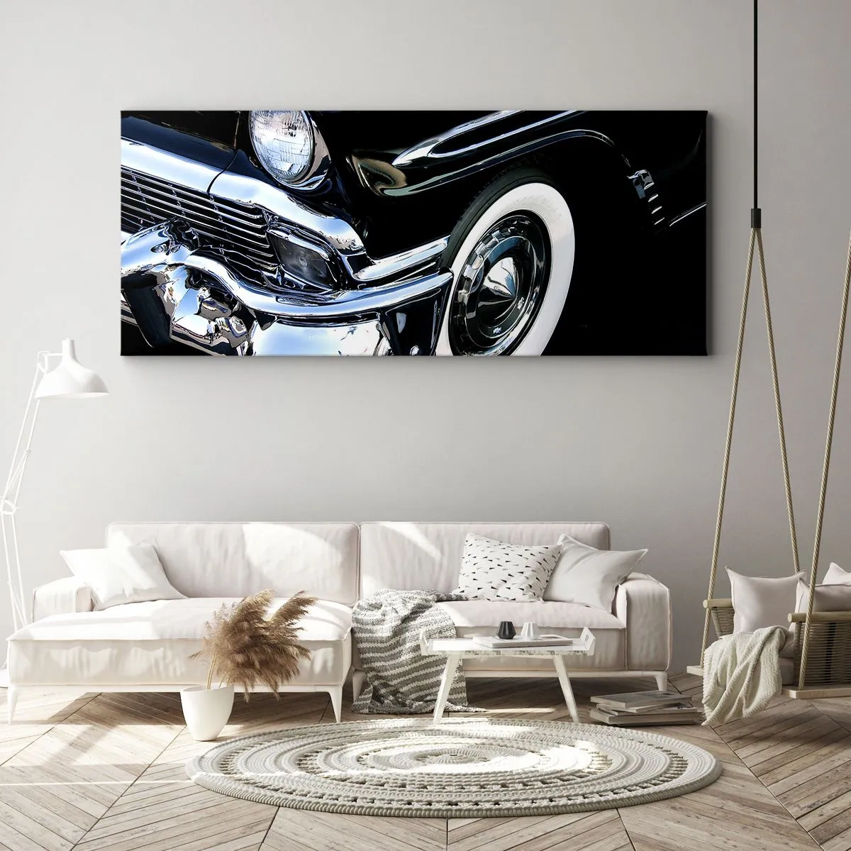 Quadro su tela - Stampe su Tela - Primo piano del faro e del parafango di un'auto classica nera - 120x50cm - Classicità in argento, nero e bianco - Decorazione murale moderna per soggiorno e camera da letto ARTTOR