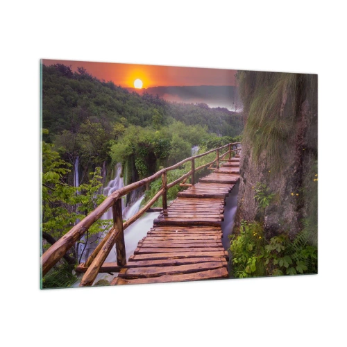 Quadro su vetro - Un sentiero in legno tra il verde al tramonto - 100x70cm - Una bellezza incredibile - Decorazione murale moderna per soggiorno e camera da letto ARTTOR