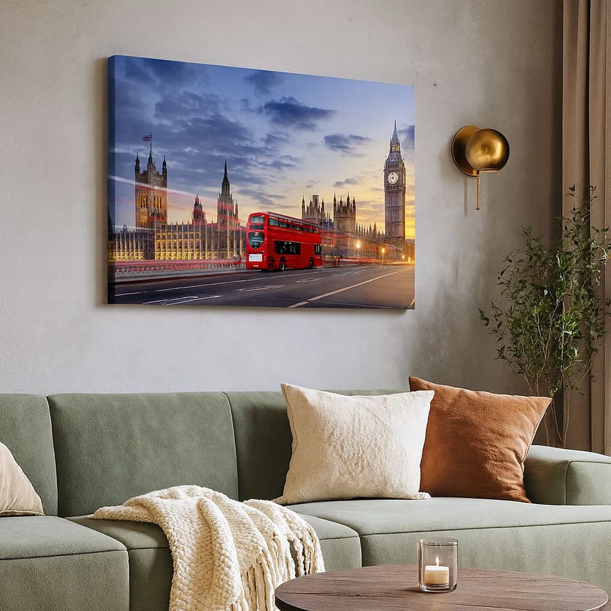 Quadro su tela - Stampe su Tela - Un autobus rosso con il Big Ben e il Parlamento sullo sfondo al tramonto. - 70x50cm - Segni particolari - Decorazione murale moderna per soggiorno e camera da letto ARTTOR