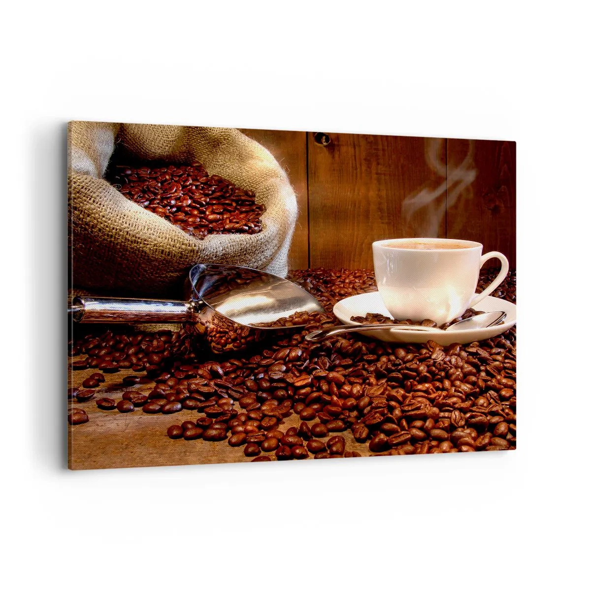 Quadro su tela - Stampe su Tela - Una tazza di caffè con chicchi di caffè e un sacco di cereali sullo sfondo - 100x70cm - Senti questo odore? - Decorazione murale moderna per soggiorno e camera da letto ARTTOR
