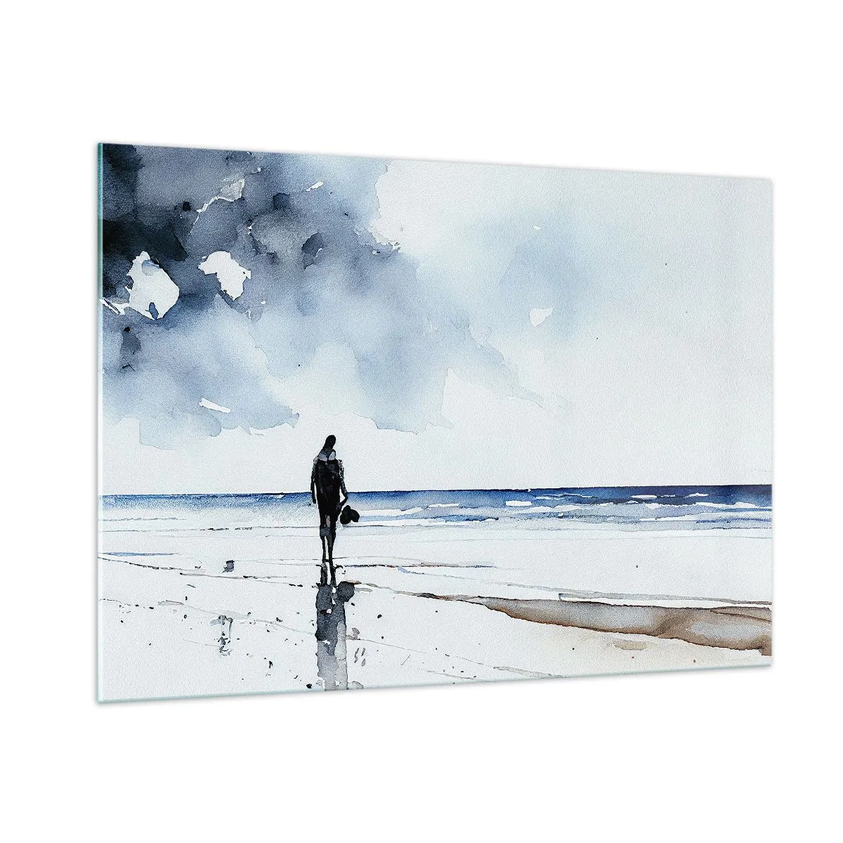 Quadro su vetro - Silhouette di una persona in riva al mare in delicato acquerello - 100x70cm - Dialogo con il mare - Decorazione murale moderna per soggiorno e camera da letto ARTTOR