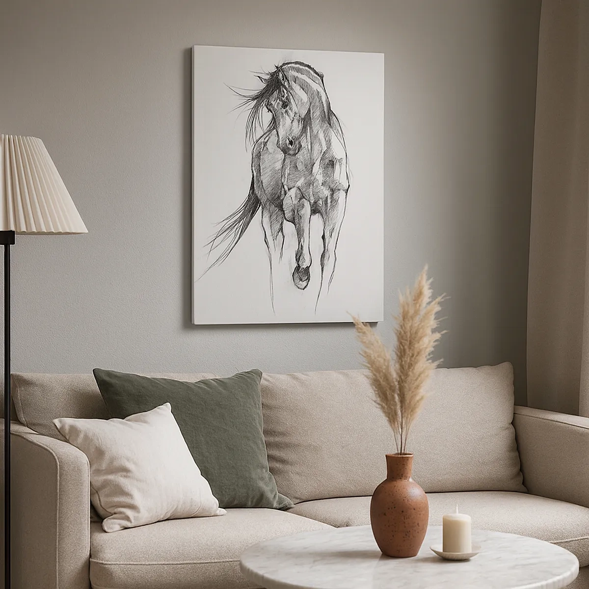 Quadro su tela - Stampe su Tela - Schizzo in bianco e nero di un cavallo al galoppo - 50x70cm - Trotto aggraziato - Decorazione murale moderna per soggiorno e camera da letto ARTTOR