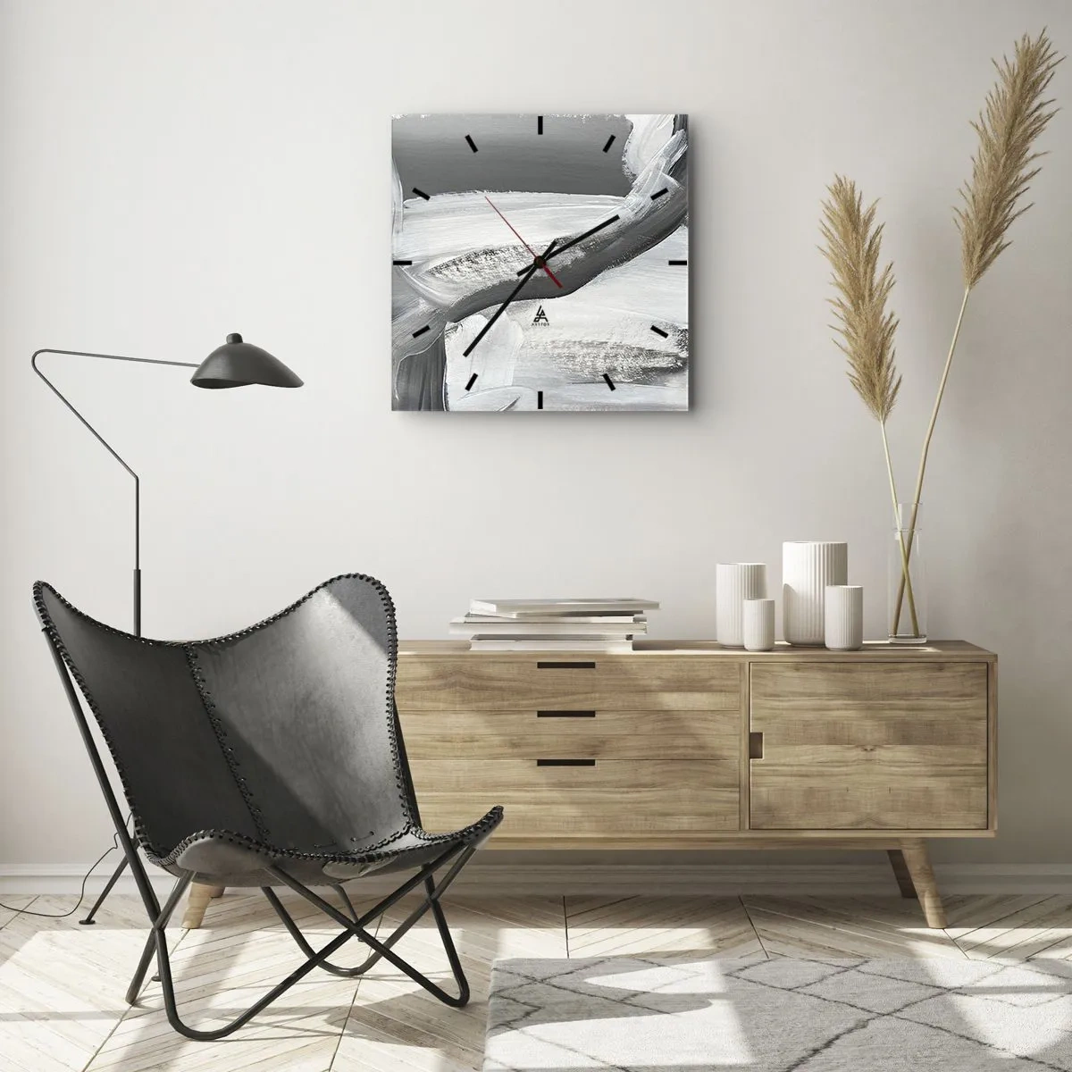 Orologio da parete - Orologio in Vetro - Astrazione grigia e bianca con linee dinamiche - 30x30cm - Movimento deciso - Decorazione murale moderna per soggiorno e camera da letto ARTTOR