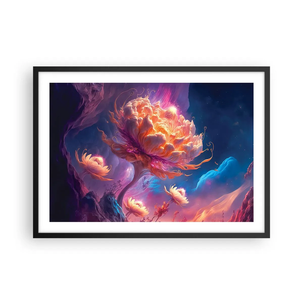 Poster in cornice nera - Fiori fantastici in un paesaggio cosmico - 70x50cm - Un altro mondo - Decorazione murale moderna per soggiorno e camera da letto ARTTOR