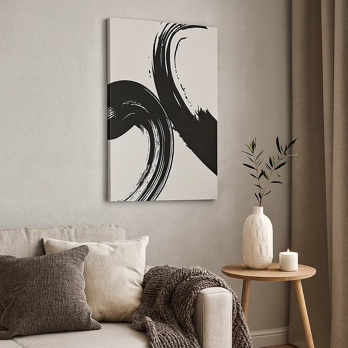 Quadro su tela - Stampe su Tela - Pennellate dinamiche in nero su sfondo chiaro - 50x70cm - Energico e circolare - Decorazione murale moderna per soggiorno e camera da letto ARTTOR