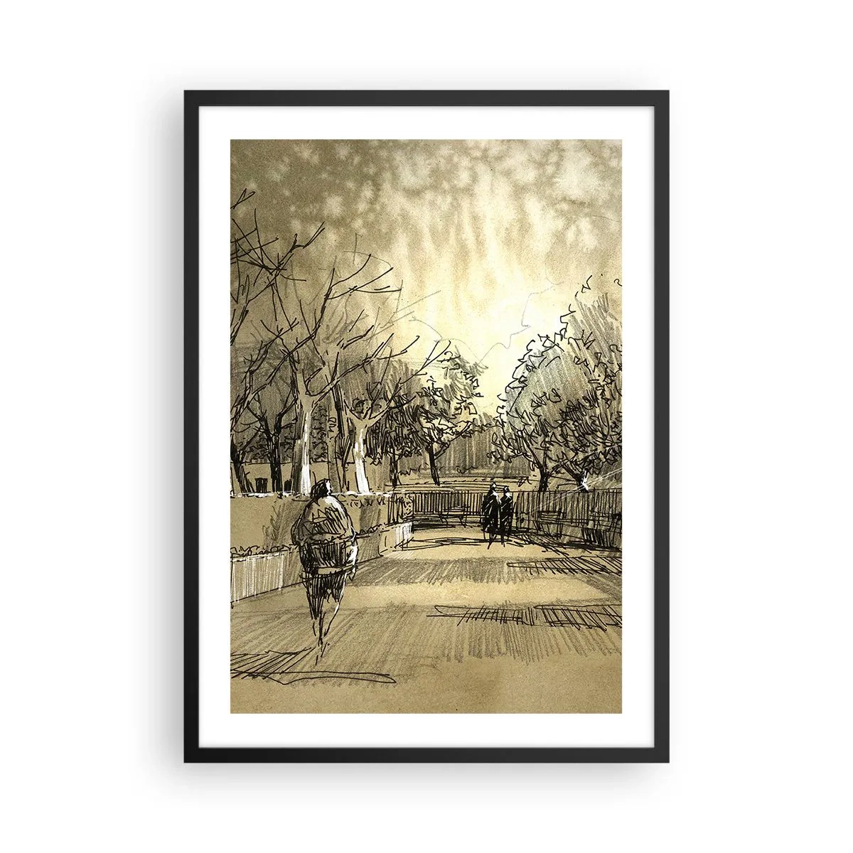 Poster in cornice nera - Illustrazione di un parco in stile schizzo in tonalità seppia - 50x70cm - Attimo fermato con la penna - Decorazione murale moderna per soggiorno e camera da letto ARTTOR