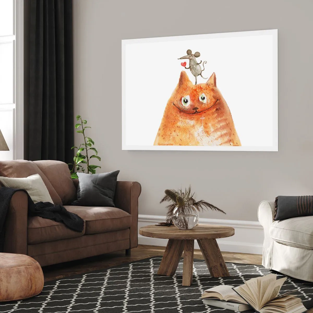 Poster - Un disegno di un gatto con un topo sulla testa che tiene un cuore - 100x70cm - I paradossi dell'amore - Decorazione murale moderna per soggiorno e camera da letto ARTTOR