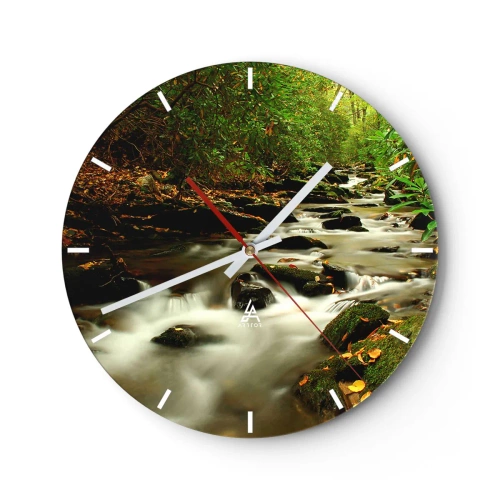 Orologio da parete - Orologio in Vetro - Un ruscello nella foresta circondato dal verde - 30x30cm - Come argento liquido - Decorazione murale moderna per soggiorno, cucina e camera da letto ARTTOR