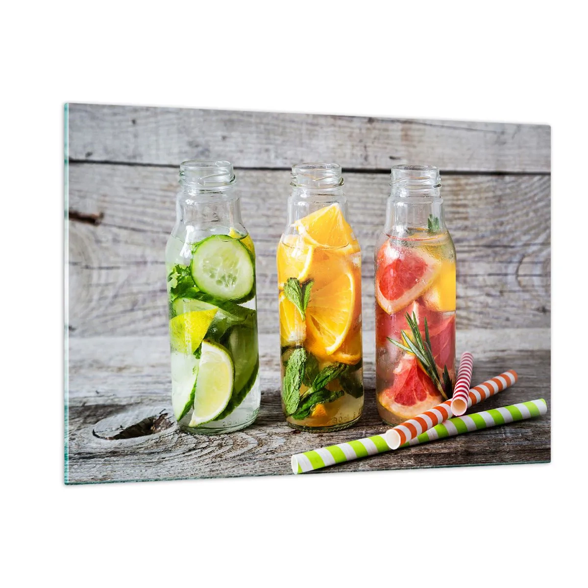 Quadro su vetro - Bottiglie di acqua alla frutta ed erbe aromatiche su uno sfondo di legno - 120x80cm - Sani di natura - Decorazione murale moderna per soggiorno e camera da letto ARTTOR