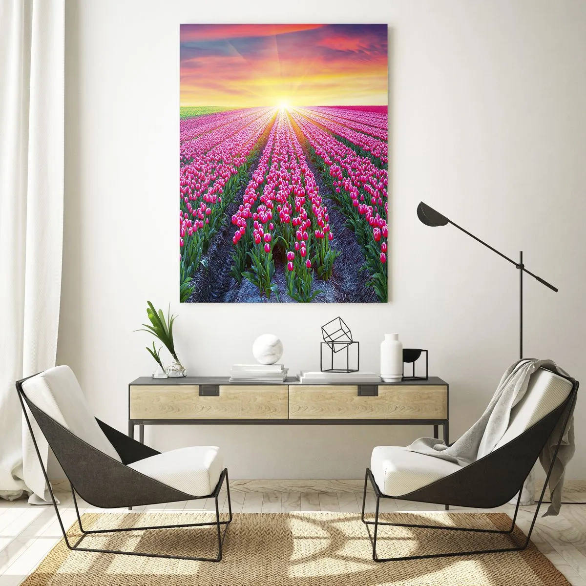 Quadro su vetro - Un campo di tulipani al tramonto - 80x120cm - La fattoria della bellezza - Decorazione murale moderna per soggiorno e camera da letto ARTTOR