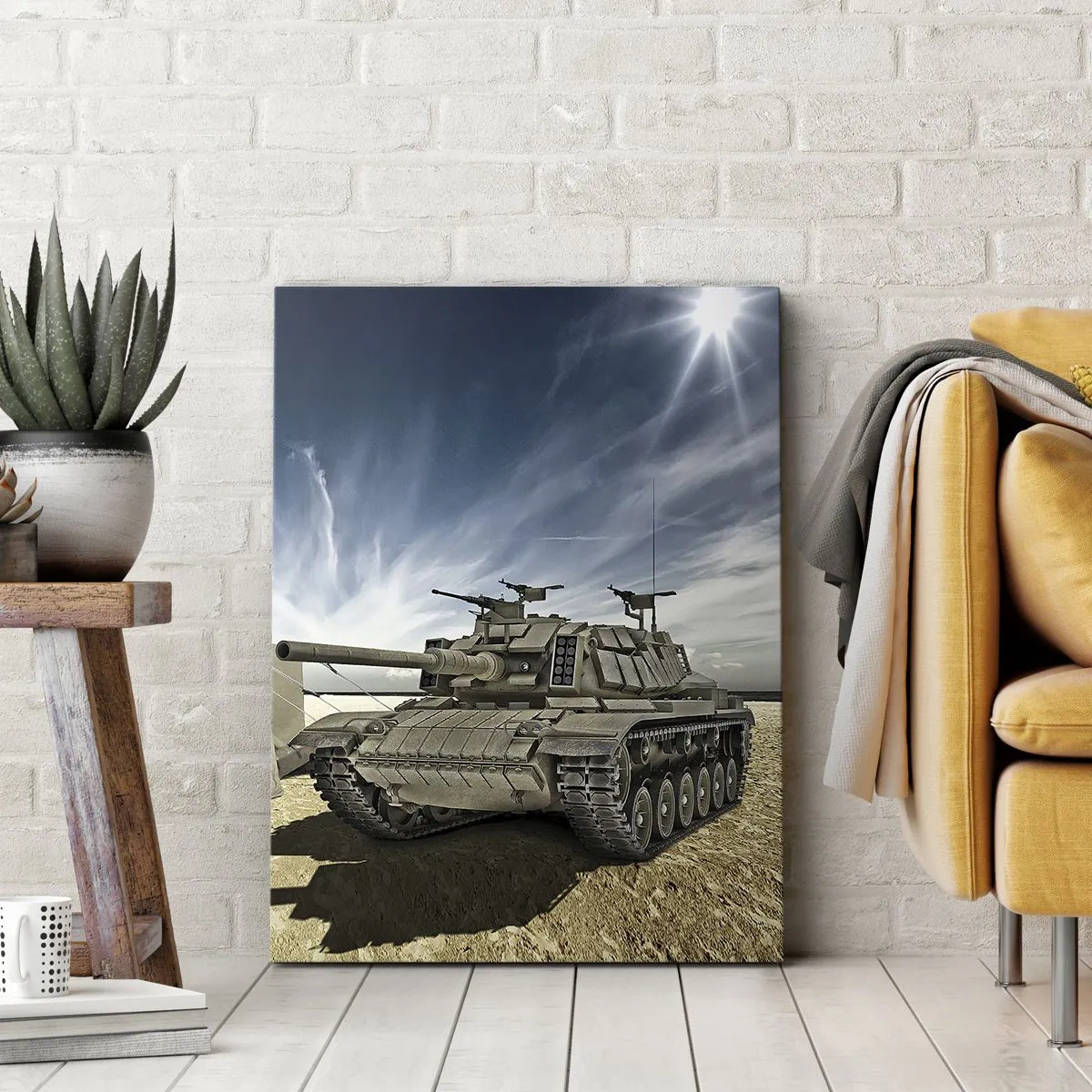 Quadro su tela - Stampe su Tela - Un carro armato accanto a una tenda militare in una zona desertica - 70x100cm - Sogno militare - Decorazione murale moderna per soggiorno e camera da letto ARTTOR