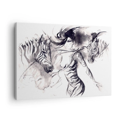Quadro su tela - Stampe su Tela - Una donna in una danza dinamica con zebre in un'estetica in bianco e nero - 70x50cm - Ballando con le zebre - Decorazione murale moderna per soggiorno e camera da letto ARTTOR